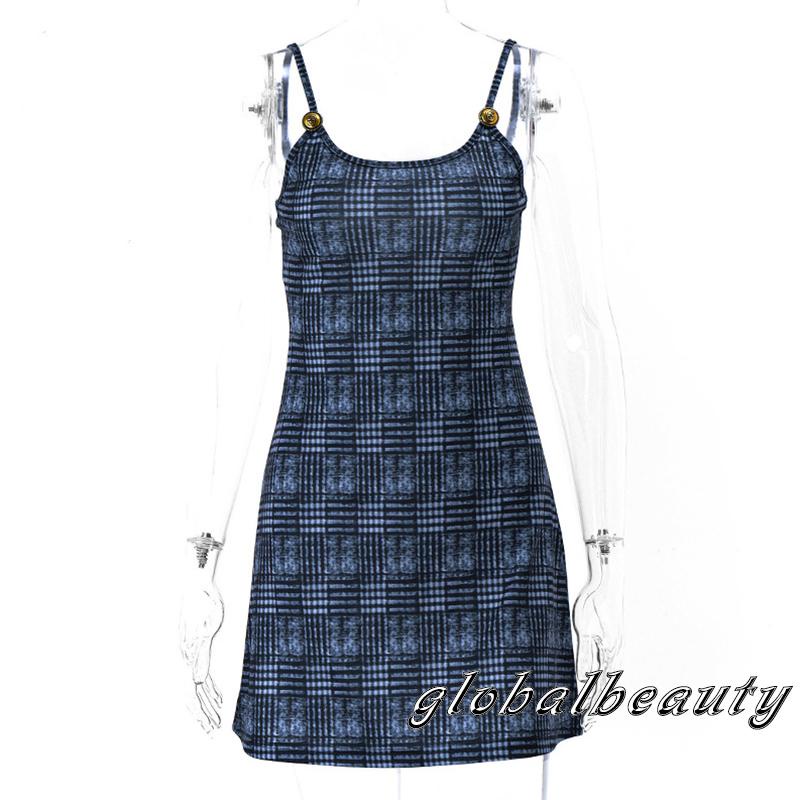 Đầm Hai Dây Mỏng Hở Lưng Họa Tiết Kẻ Sọc Bằng Kim Loại Đơn Giản Cho Nữ