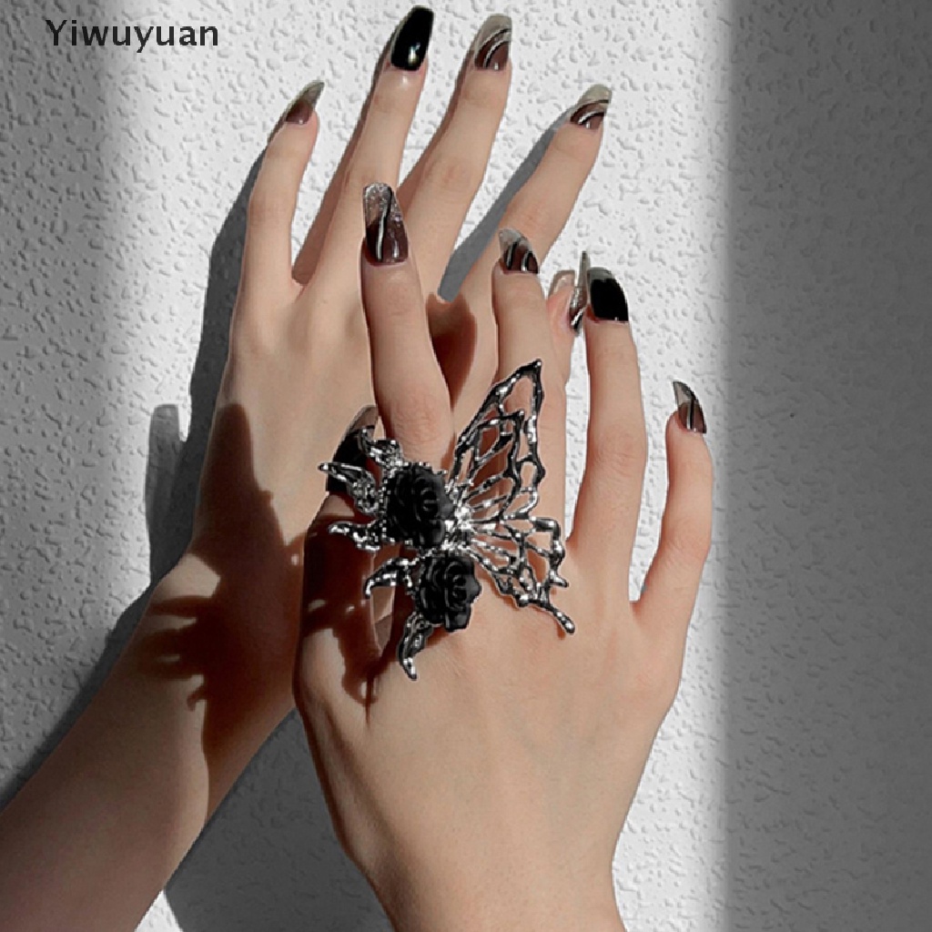 &lt; Yiwuyuan &gt; Nhẫn Hở Kim Loại Dạng Lỏng Hình Bướm Hoa Hồng Đen Phong Cách Punk Vintage Có Thể Điều Chỉnh Làm Quà Tặng Trang Sức Cho Nữ