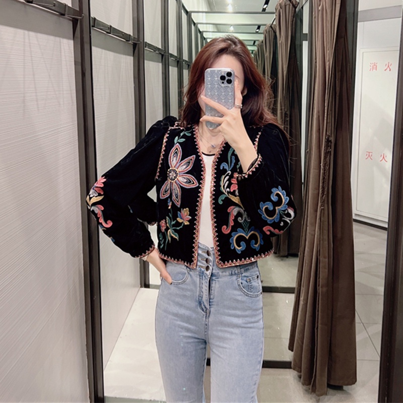 Zara Áo Khoác Nhung Thêu Hoa Phong Cách vintage Thời Trang 06895277800