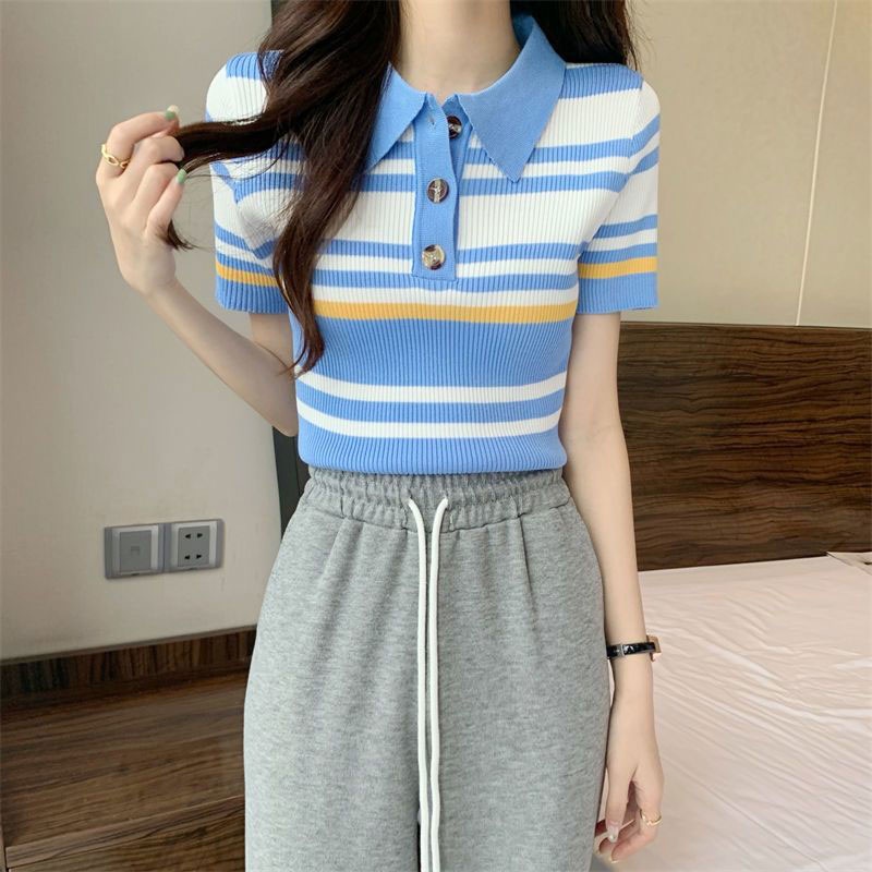 Áo polo Ngắn Tay Họa Tiết Sọc Ngang Thời Trang Dành Cho Nữ