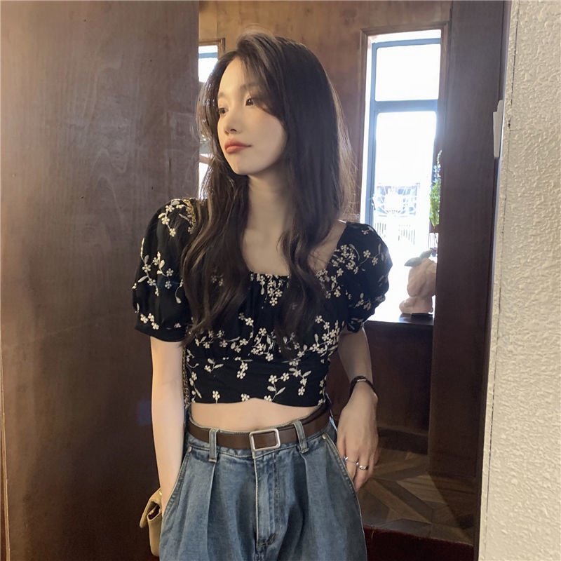 Áo Sơ Mi Cổ Vuông Tay Phồng In Hoa Dáng Ôm Thời Trang Mùa Hè Cho Nữ