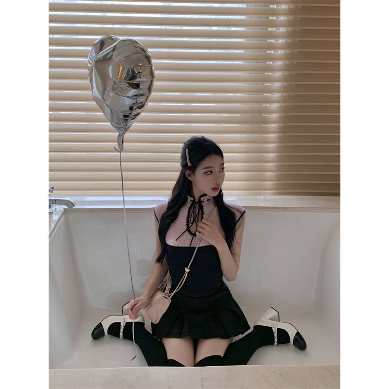 「Nonfatgirl」Pure Desire Áo Sweater Thiết Kế Phong Cách Spicy Ngọt Ngào Cổ Chữ V + Chân Váy Xếp Ly Dệt Kim Màu Tương Phản Cho Nữ Mua Sắm