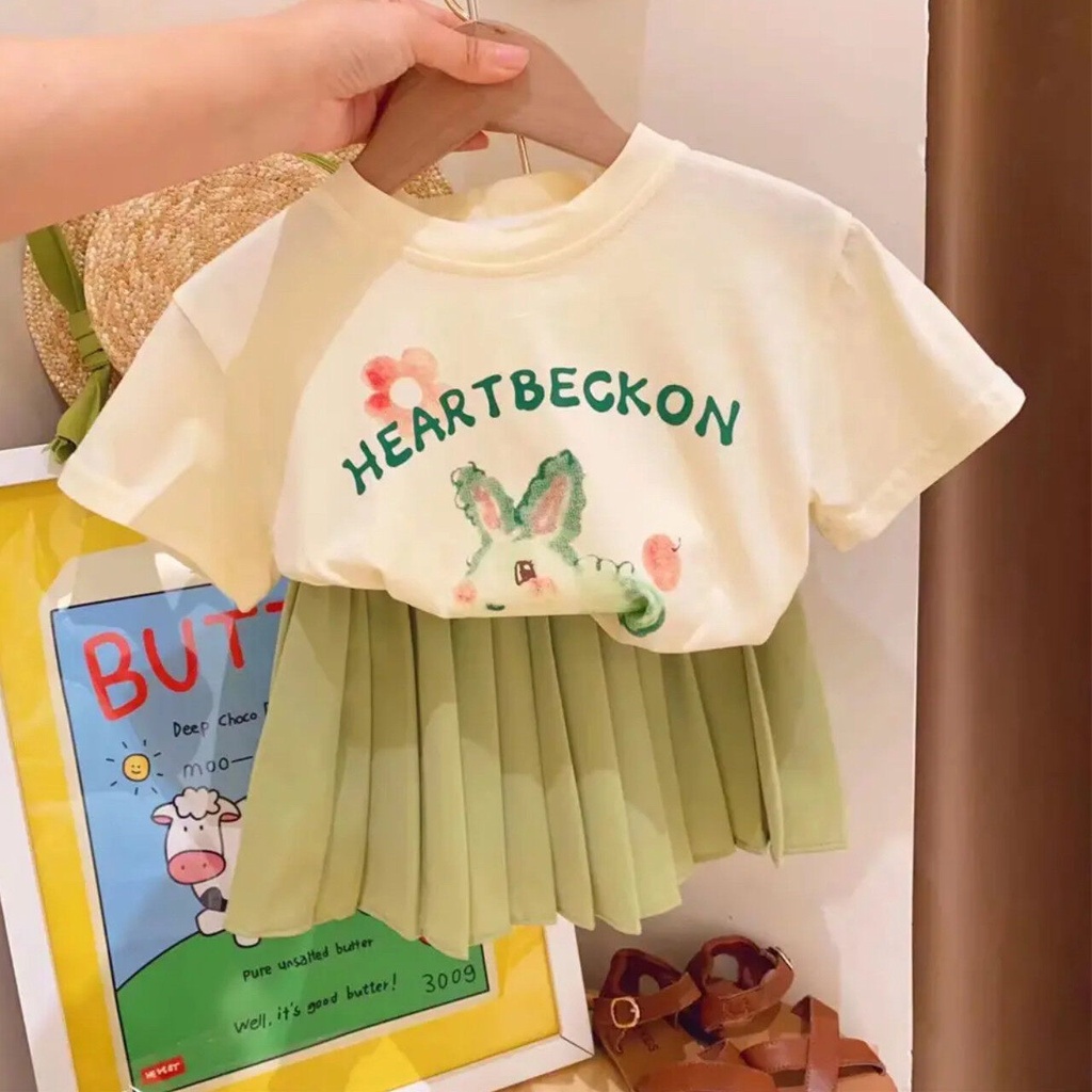 Bộ Áo Thun In Hình Thỏ + Chân Váy Xếp Ly Thời Trang Mùa Hè Cho Bé Gái