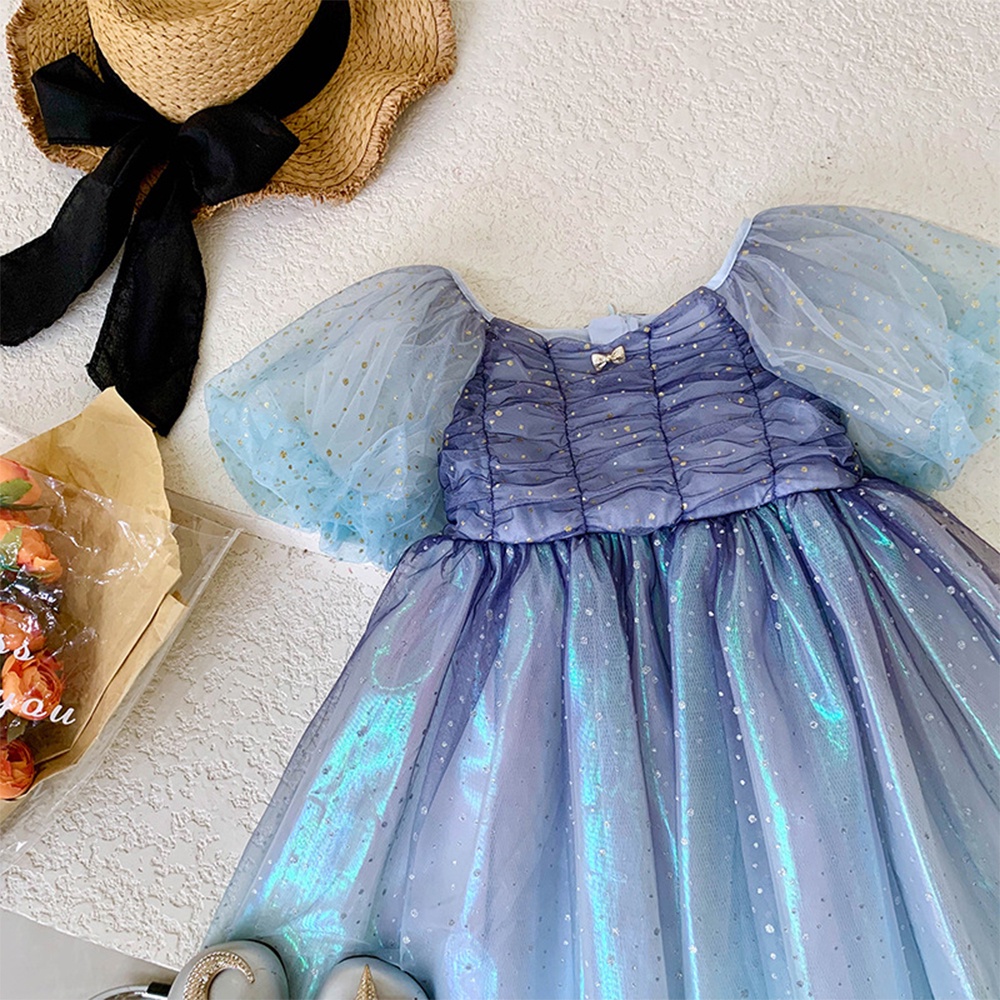 BEAR LEADER Đầm Xếp Ly Tay Phồng Màu Xanh Gradient Mẫu Mới 2023 Thời Trang Mùa Hè Cho Bé Gái 2-7 Tuổi