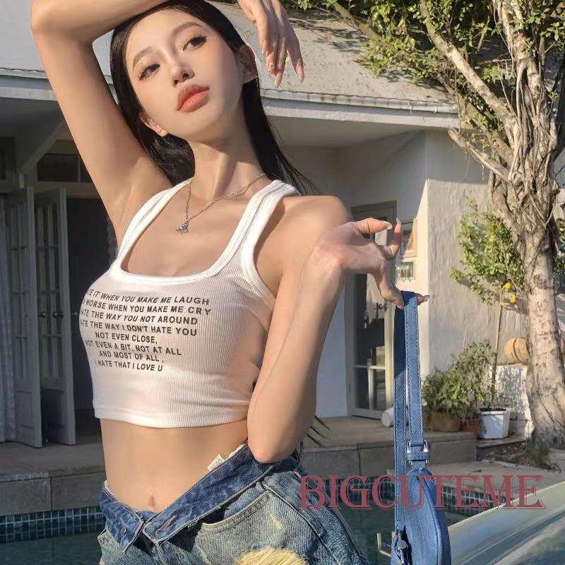Áo Tank Top Sát Nách Mùa Hè Màu Trắng In Họa Tiết Chữ Cho Nữ