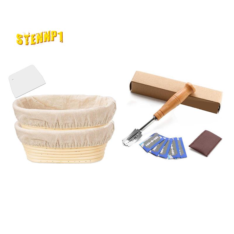 Set 2 Rổ Cắt Bánh Mì Hình Oval 10 Inch Kèm 1 Dụng Cụ Cắt Với Tay Cầm Bằng Gỗ Tiện Dụng