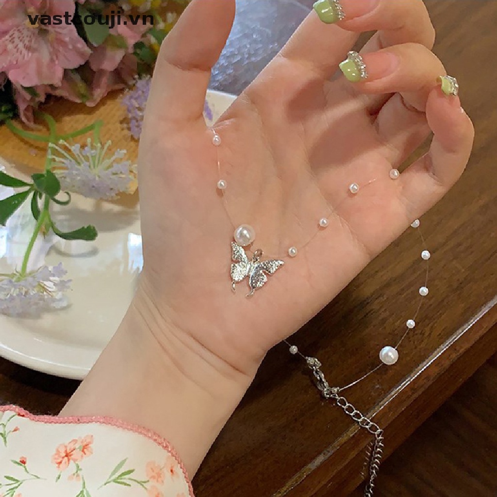 Vòng cổ Kim Loại Mặt Bướm Đính Ngọc Trai Thời Trang Cho Nữ