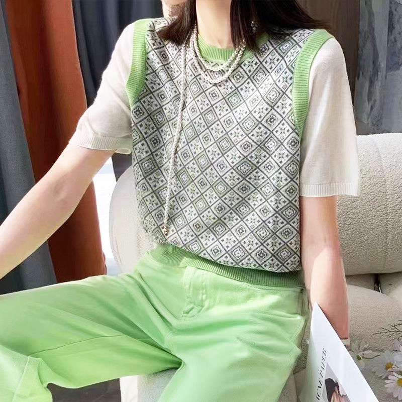 Áo Len Mỏng Tay Ngắn Giả Hai Mảnh Ghép Màu Sắc Thời Trang Xuân Hè Châu Âu 2023