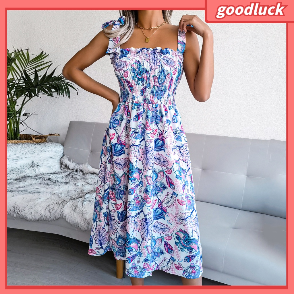 [ULK] Đầm Hai Dây Dáng Rộng Eo Cao Co Giãn In Họa Tiết Hoa Lá Mùa Hè Cho Nữ