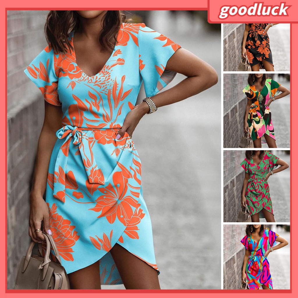 [ULK] Đầm Tay Ngắn Cổ Chữ V In Hoa Phối Dây Cột Eo Không Đều Màu Thời Trang Đi Biển Mùa Hè Dành Cho Nữ
