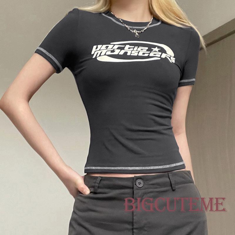 Áo Thun Tay Ngắn Cổ Tròn In Chữ Ôm Dáng Thời Trang Mùa Hè Dành Cho Nữ