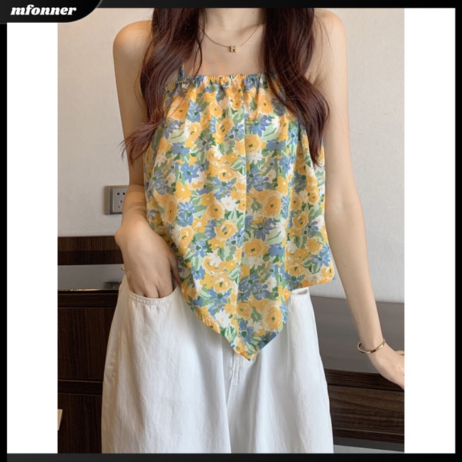 Áo Tank Top Sát Nách Cổ Yếm Dáng Rộng In Họa Tiết Hoa Thời Trang Cho Nữ