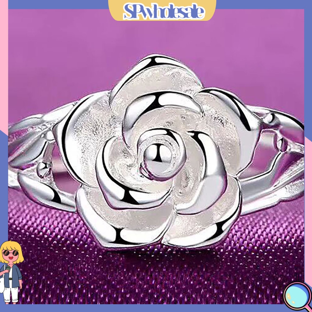 <SPwholesale> Nhẫn Đính Hôn Bằng Đồng Mạ Bạc Khắc Họa Tiết Hoa Hồng Màu Sắc Cổ Điển Dành Cho Nữ