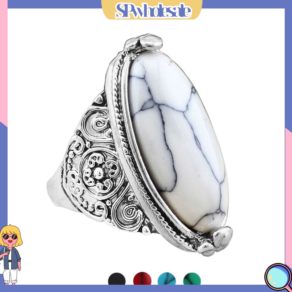&lt;SPwholesale&gt; Nhẫn Mạ Bạc Đính Đá Ngọc Lam Hình Oval Phong Cách Boho Cổ Điển Dành Cho Nữ