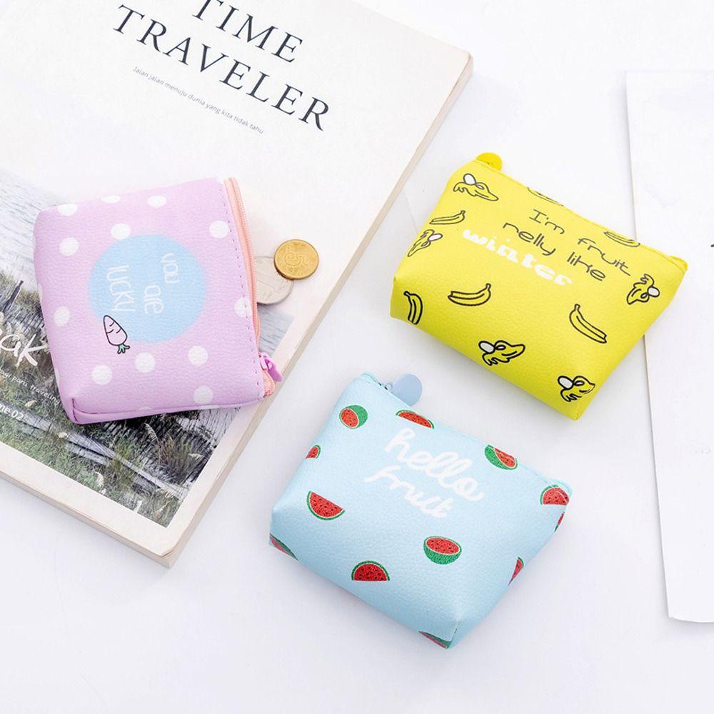 Ví Đựng Tiền Xu Đa Năng Bằng Da PU In Họa Tiết Trái Cây / Mèo Xinh Xắn Giá Đỡ
