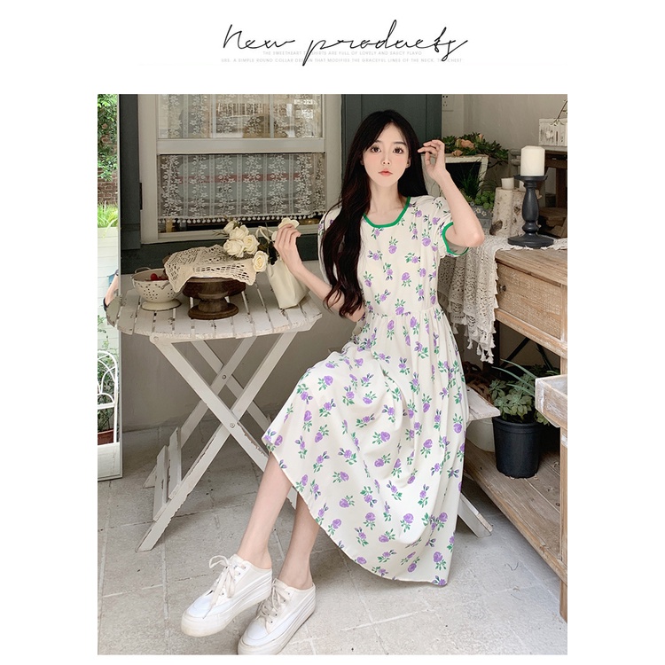 Đầm midi SUXI dáng chữ A tay ngắn in hoa thời trang mùa hè xinh xắn cho nữ