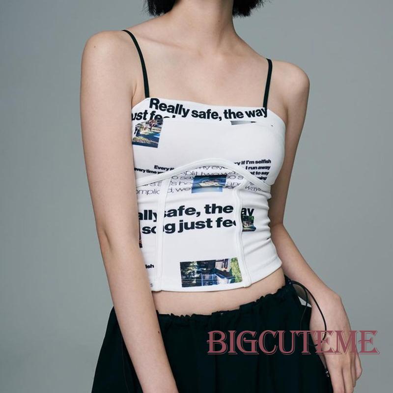 Áo Hai Dây Cổ Vuông In Họa Tiết Chữ Thời Trang Cho Nữ