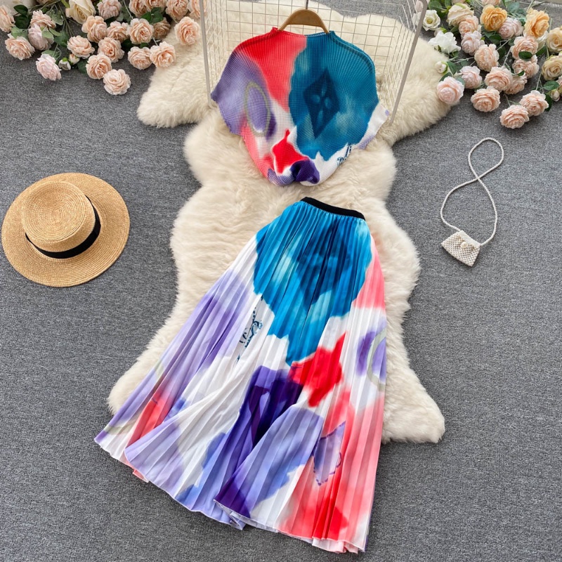 Bộ Áo Tay Ngắn Cổ Cao Ôm Dáng + Chân Váy Chữ A Lưng Cao Thời Trang Mùa Hè Xinh Xắn Cho Nữ