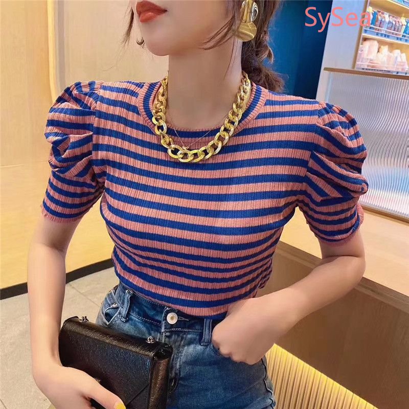 Áo Dệt Kim Tay Phồng Họa Tiết Kẻ Sọc Thời Trang Mùa Hè Hàn Quốc Cho Nữ