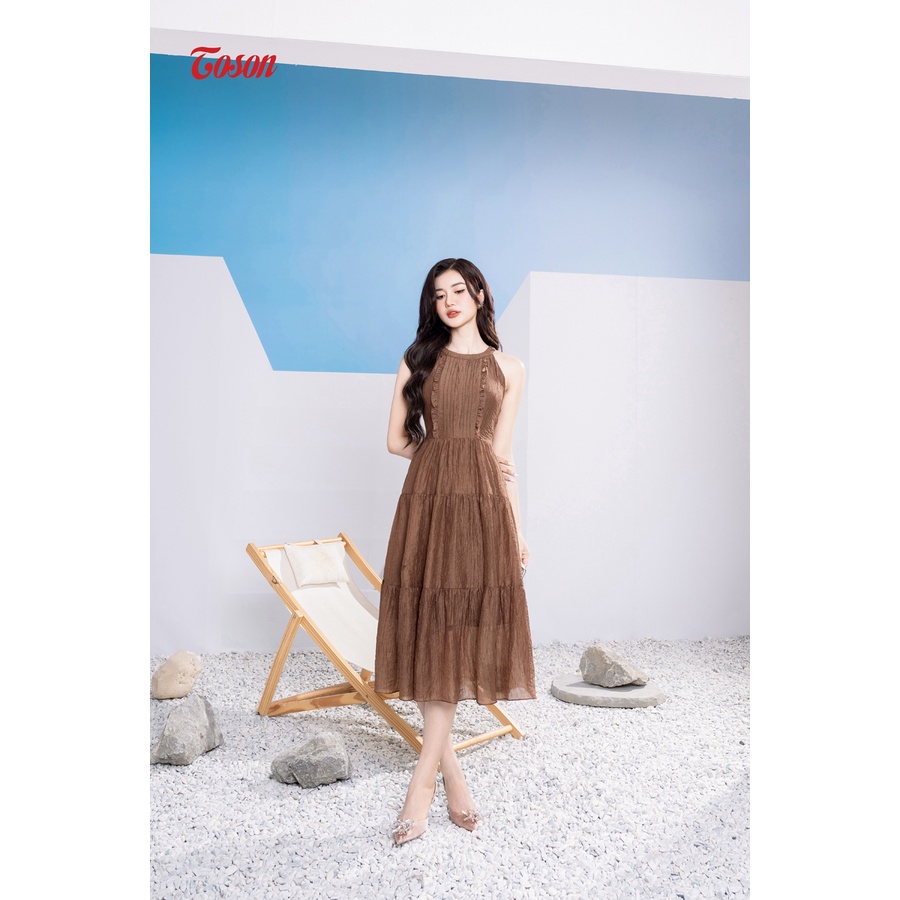 Đầm tơ gân nâu sát nách, xòe nhún dài xếp tầng 42086N53 Toson
