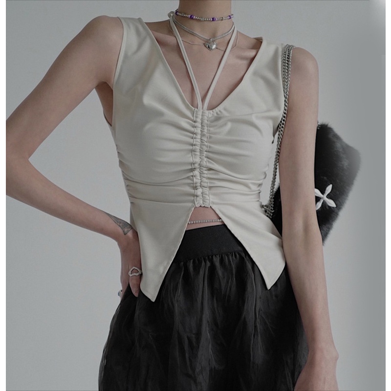 IELGY    Áo Hai Dây Rút Dây Xếp Ly Nhỏ Ôm Dáng Không Tay Thiết Kế IELGY     Kiểu retro Cho Nữ