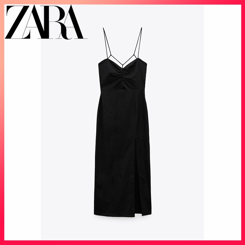 Zara Đầm midi Vải Lanh Thời Trang Thanh Lịch Cho Nữ