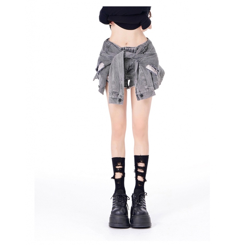 Eye Quần Short Jean Rách Mặc Ngoài Trời Giả Hai Mảnh Màu Xám Ngọt Ngào Thời Trang Mùa Hè Less GXM8