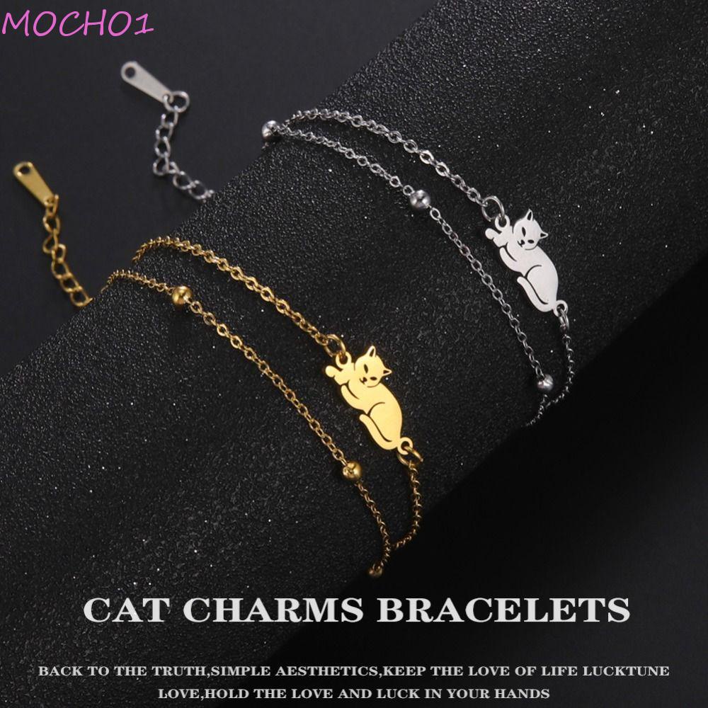 Vòng Tay Dây Xích Đôi Mặt Hình Mèo May Mắn Bằng Thép Không Gỉ Dễ Thương Mẫu 1