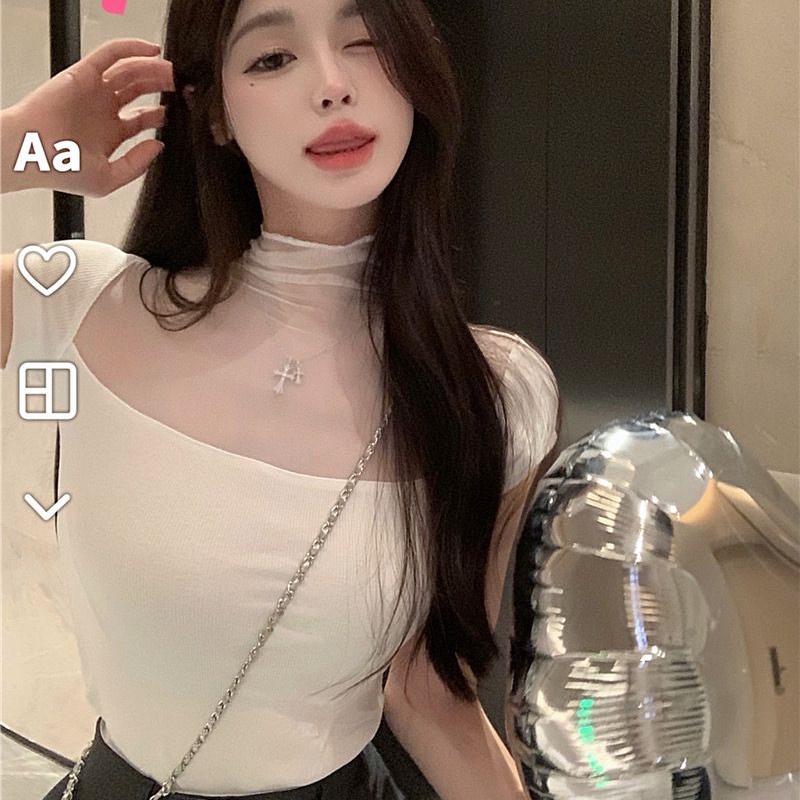 Áo thun COZOK ngắn tay cổ cao phối lưới ôm dáng gợi cảm dành cho nữ
