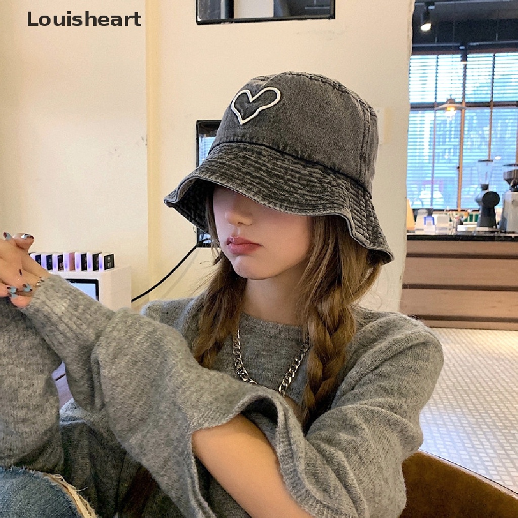 Mũ Tai Bèo Denim Chống Nắng Chống Gió Thêu Họa Tiết Trái Tim TFG Thời Trang Unisex