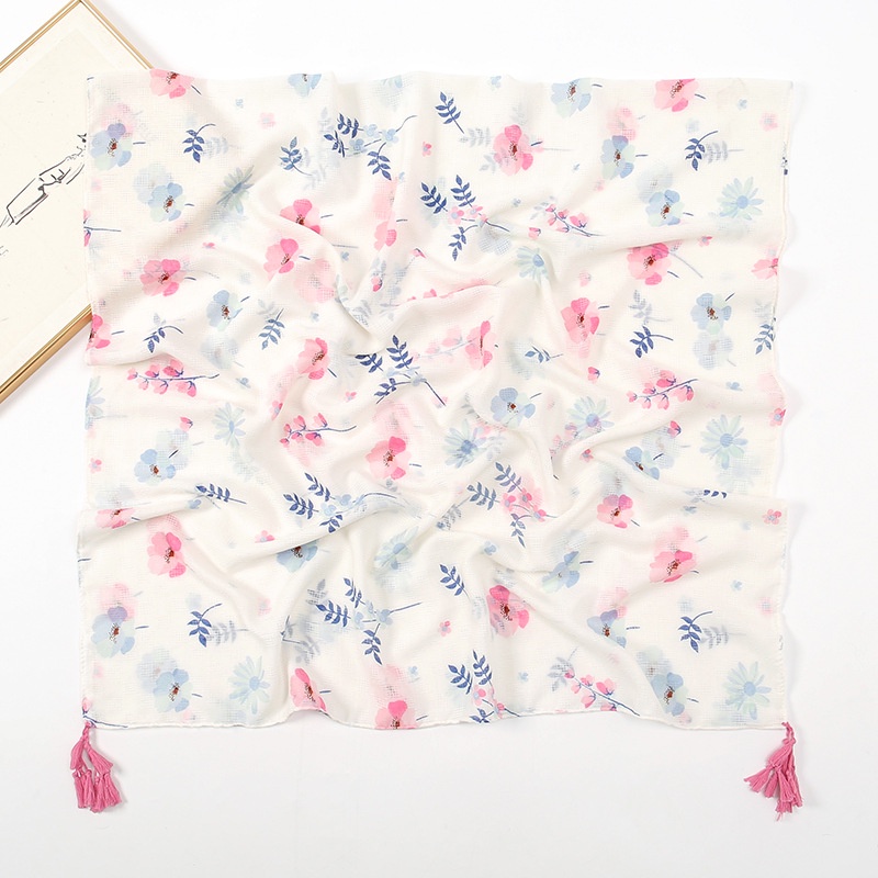 Khăn Choàng Cổ Chống Nắng 180-90cm In Họa Tiết Hoa Phối Tua Rua Thoáng Khí Xinh Xắn Cho Nữ