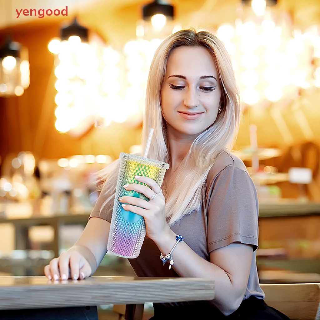 Cốc Uống Nước Hai Lớp Bằng Nhựa Có Nắp Và Ống Hút Có Thể Tái Sử Dụng