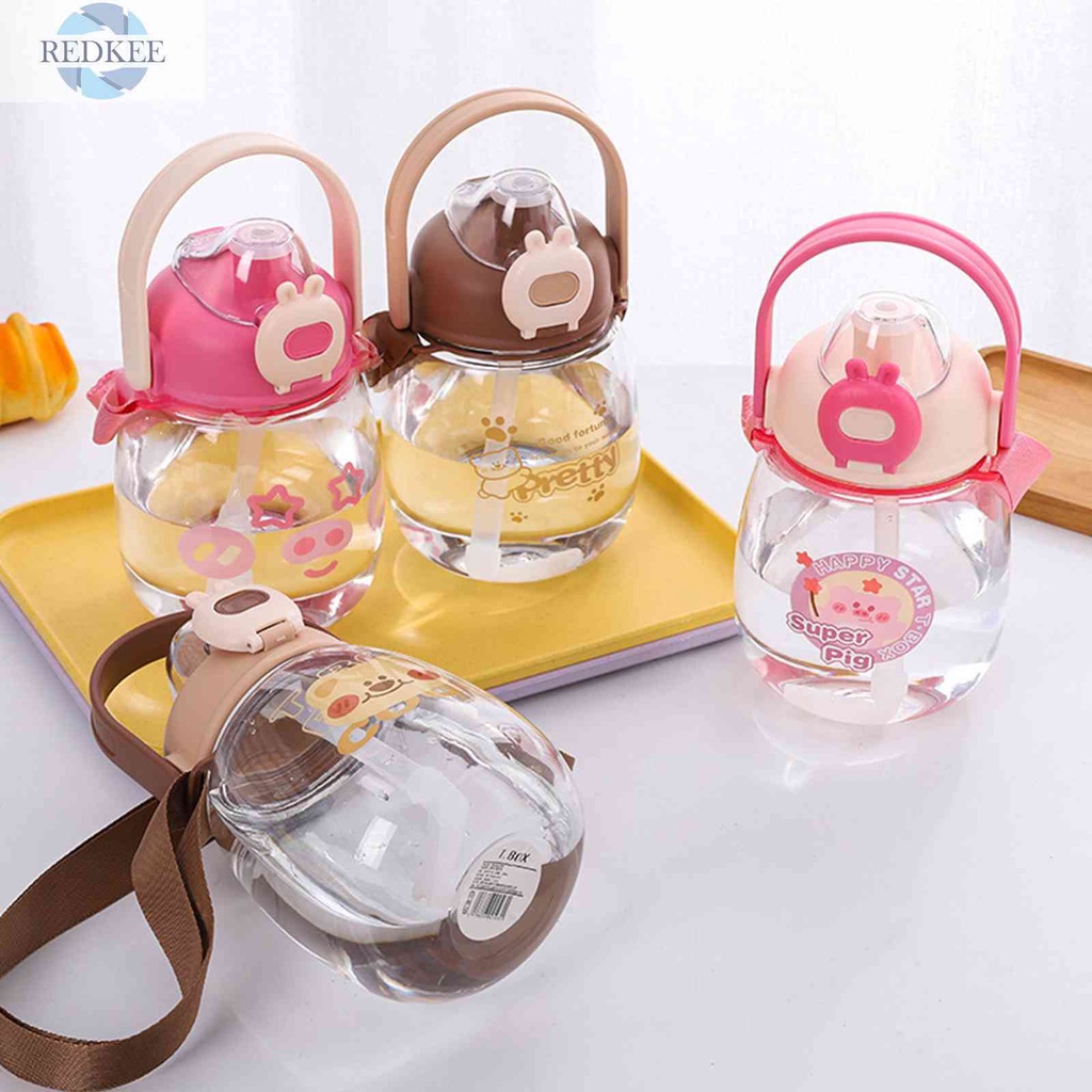 Bình Nước Nhựa 1000ml Có Ống Hút Họa Tiết Hoạt Hình Màu Sắc Ngẫu Nhiên