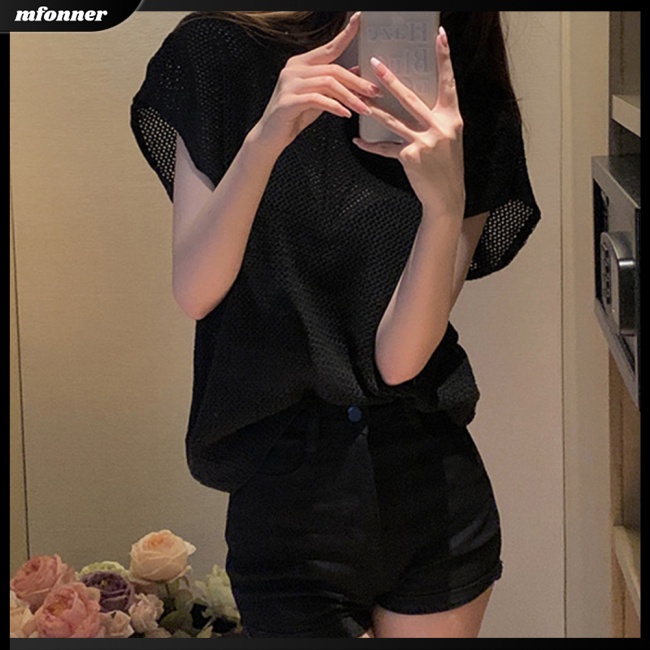 Áo Thun Dệt Kim Tay Ngắn Dáng Rộng Thời Trang Quyến Rũ Cho Nữ