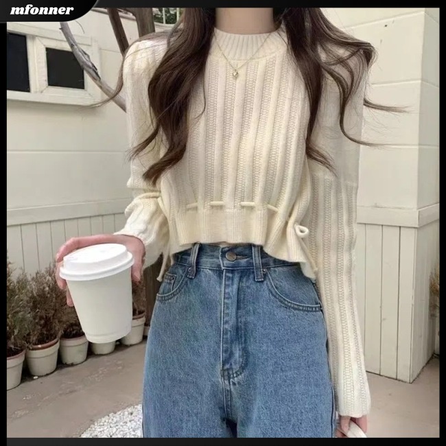 Áo Sweater Dệt Kim Tay Dài Cổ Tròn Màu Trơn Phối Dây Rút Thời Trang Cho Nữ