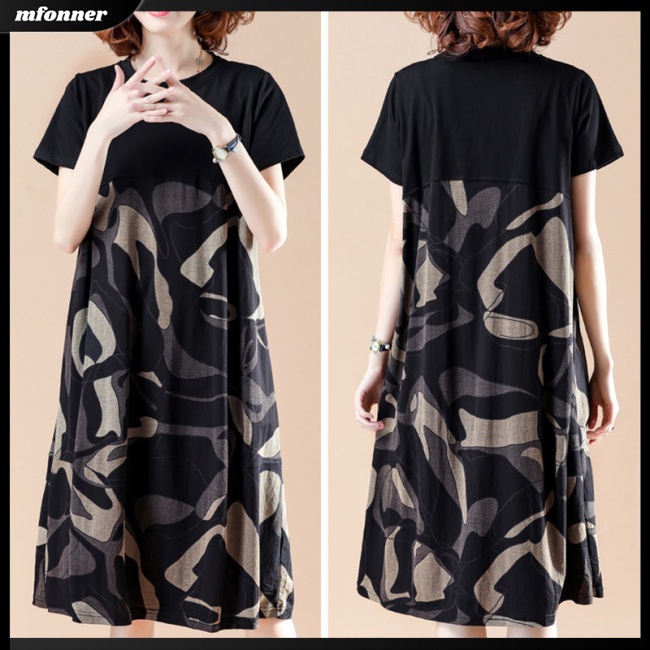 Đầm Chữ A Tay Ngắn Cổ Tròn Dáng Rộng In Họa Tiết Thời Trang Cho Nữ