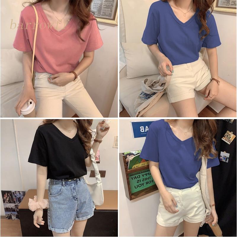 Áo Thun Tay Ngắn Cổ Chữ V Màu Sắc Đơn Giản Dành Cho Nữ