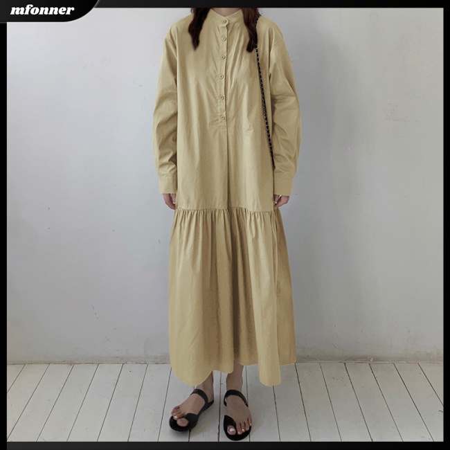 Đầm Tay Dài Dáng Rộng Cổ Đứng Màu Trơn Thời Trang Cho Nữ