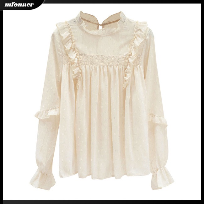 Áo Sơ Mi Chiffon Tay Dài Ống Loe Cổ Đứng Màu Trơn Thời Trang Cho Nữ