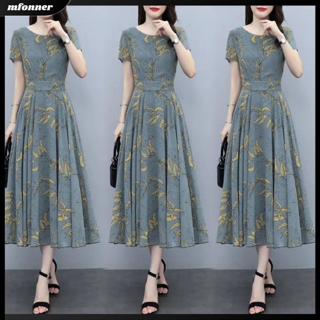 Đầm Dài Tay Ngắn Cổ Tròn Nhấn Eo in Họa Tiết Hoa Cổ Điển Plus Size Cho Nữ