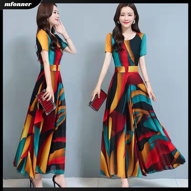 Đầm Lụa Tay Ngắn Dáng Xòe Rộng In Họa Tiết Thời Trang Mùa Hè Xinh Xắn Cho Nữ