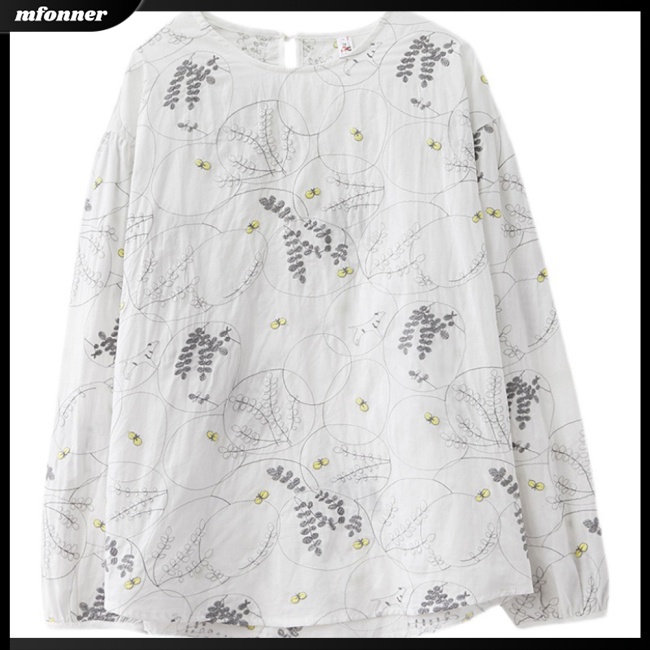 Áo Sơ Mi Cotton Lanh Chui Đầu Cổ Tròn Thêu Họa Tiết Xinh Xắn Thoải Mái Cho Nữ