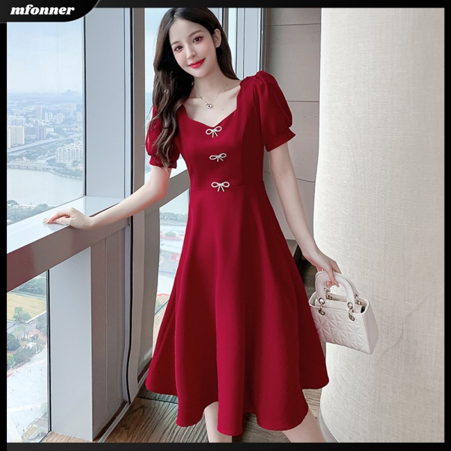 Đầm Chữ A Tay Ngắn Phồng Cổ Vuông Màu Trơn Trang Nhã Dành Cho Nữ