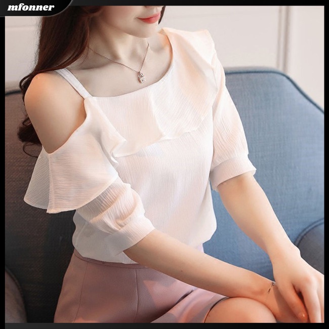 Áo Thun Trễ Vai Phối Bèo Màu Sắc Trơn Quyến Rũ Cho Nữ