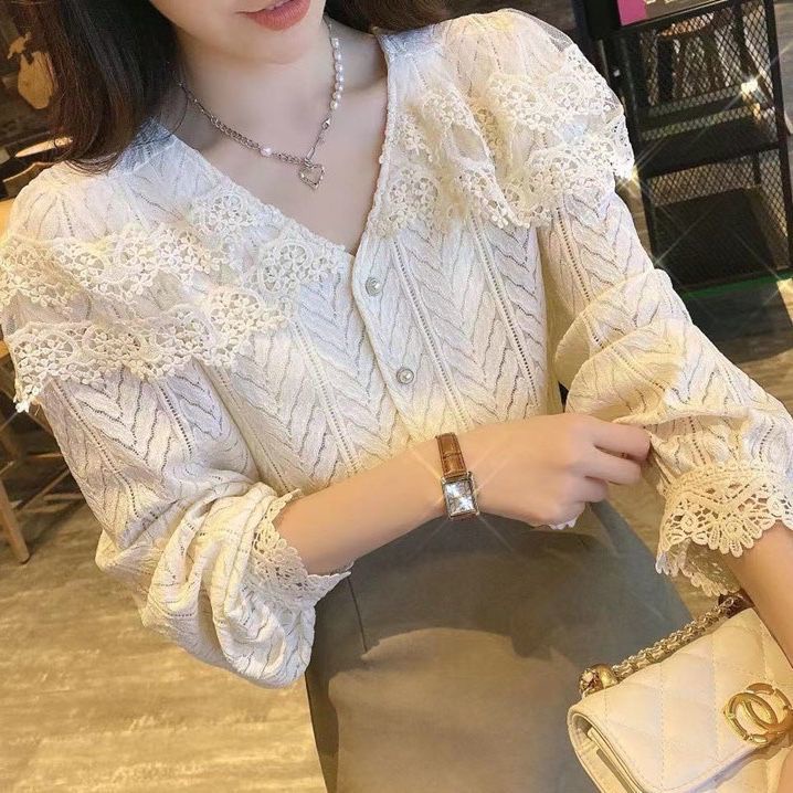 Áo Kiểu Tay Dài Cổ Chữ V Phối Ren Gợn Sóng Thời Trang Thanh Lịch Cho Nữ