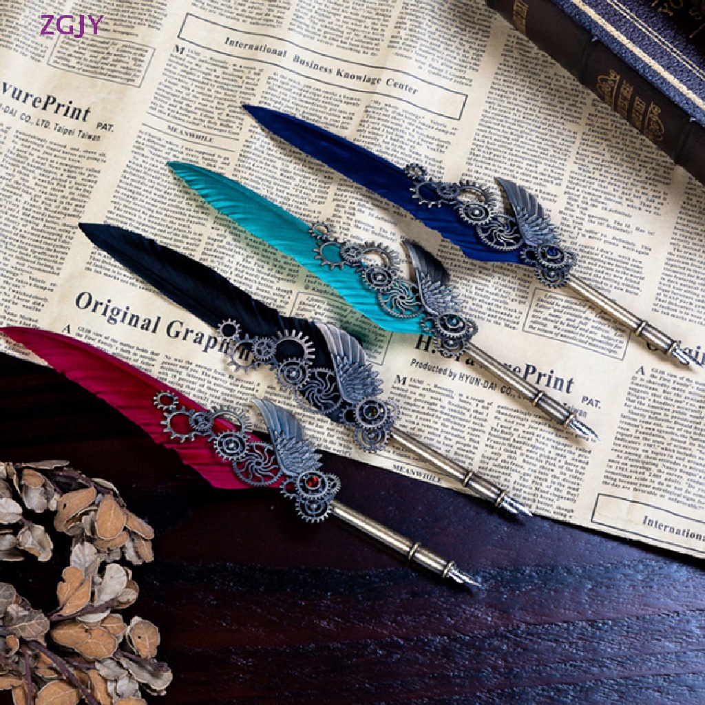 1 Set Bút Mực Nước Bằng Kim Loại Hình Lông Vũ Phong Cách Cổ Điển Mới