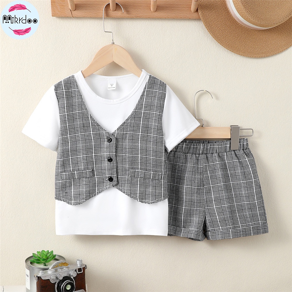 Set Đồ Mùa Hè 2 Món Gồm Áo Tay Cộc + Quần Ngắn Kẻ Sọc Caro Phong Cách Anh Quốc Cho Bé Trai 4-7 Tuổi