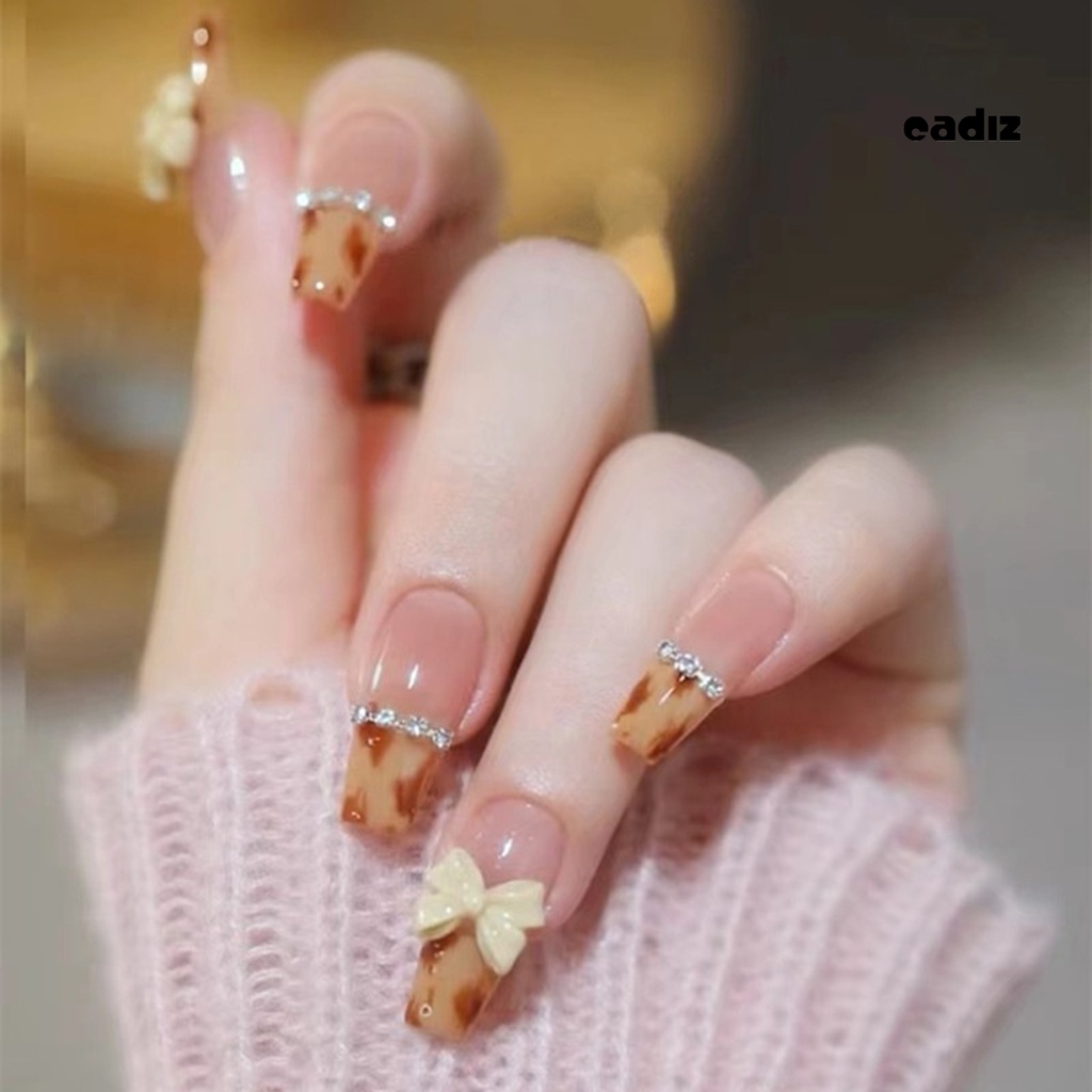 1 Bộ Móng Tay Giả Họa Tiết Da Báo Đính Đá Lấp Lánh Dễ Tẩy Trang Diy