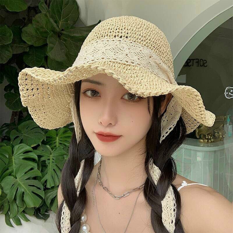 Nón cói rộng vành phối dây ren