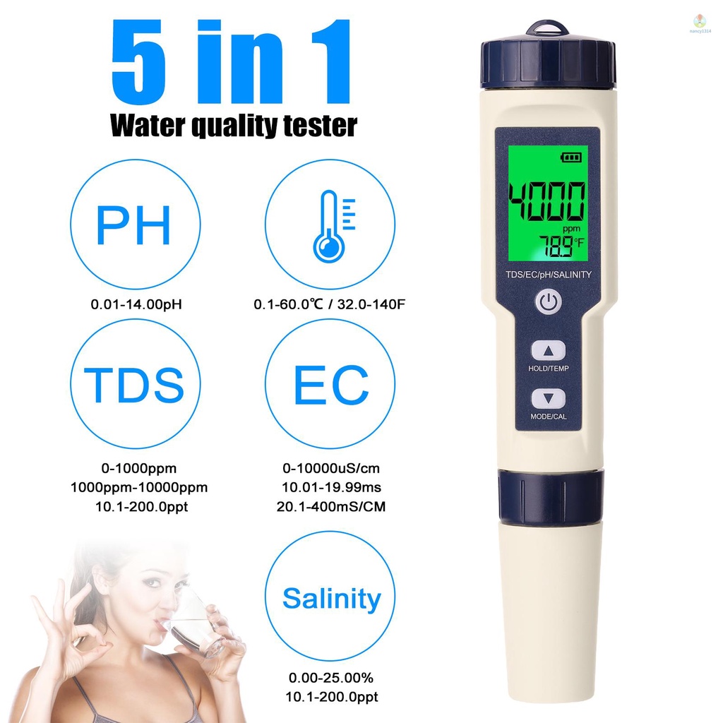 Bộ Dụng Cụ Đo Độ PH / EC / TDS / Salinity / Nhiệt Kế Kỹ Thuật Số 5 Trong 1 Đa Năng
